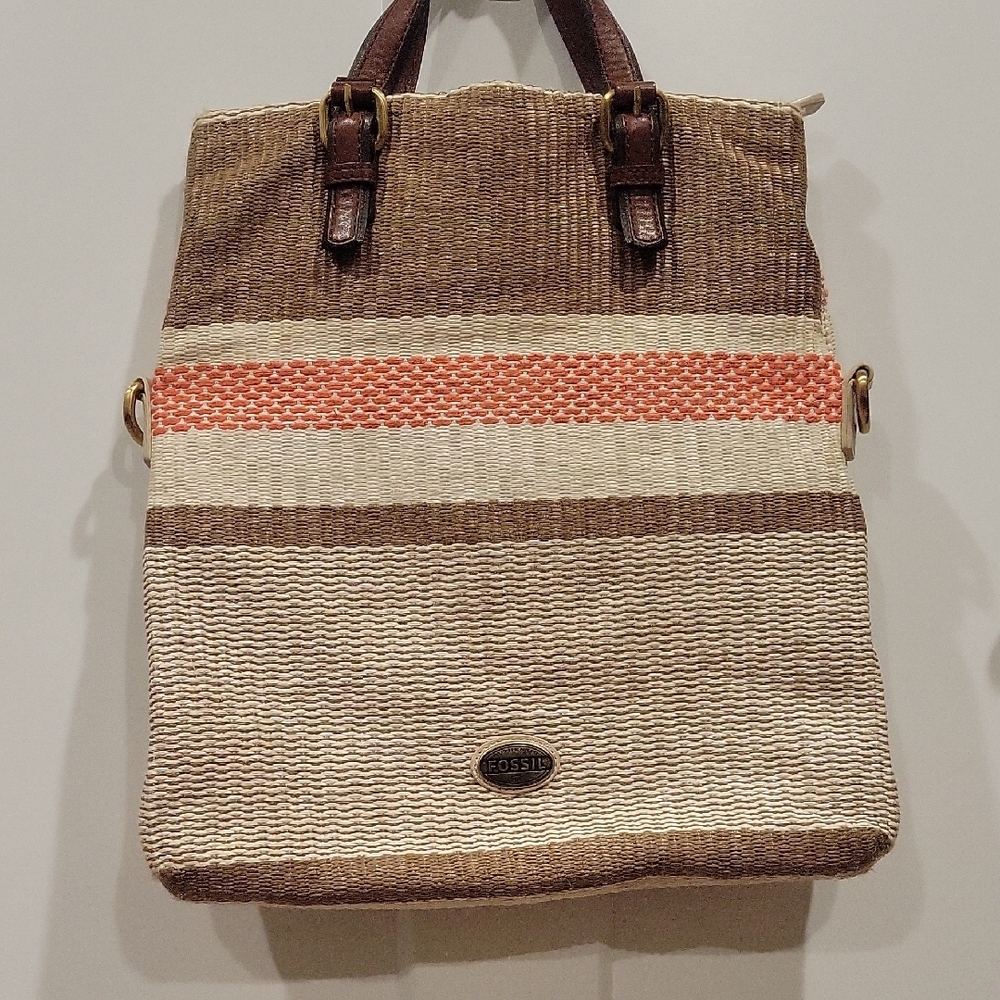 Fossil Tan, Cream & Coral Woven Tote with Brown Leather Trim - Picture 6 of 12